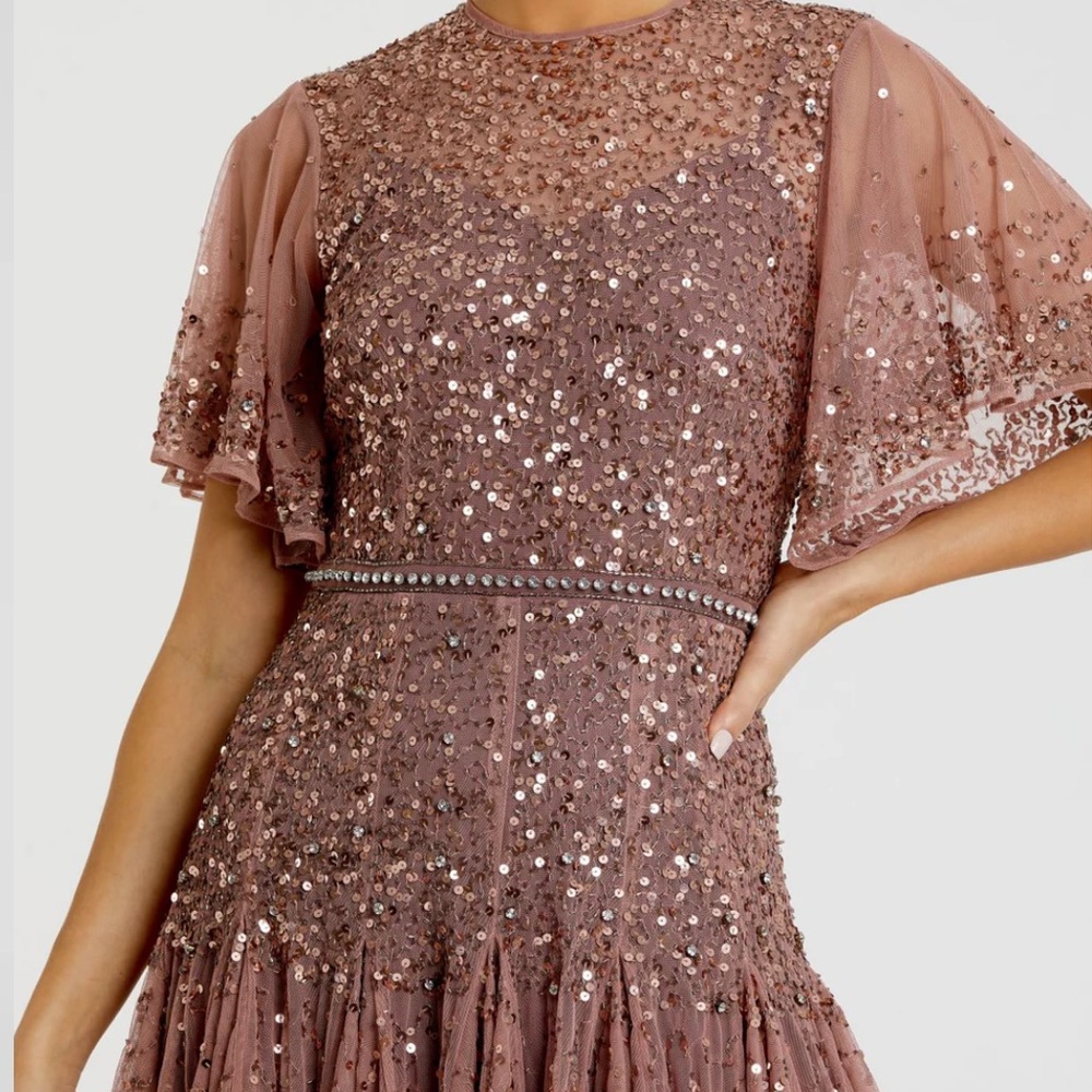 NEW NWT Mac Duggal Cape Sleeve Beaded Tea Length Drop Waist Midi Dress Rosewood - Picture 2 of 14